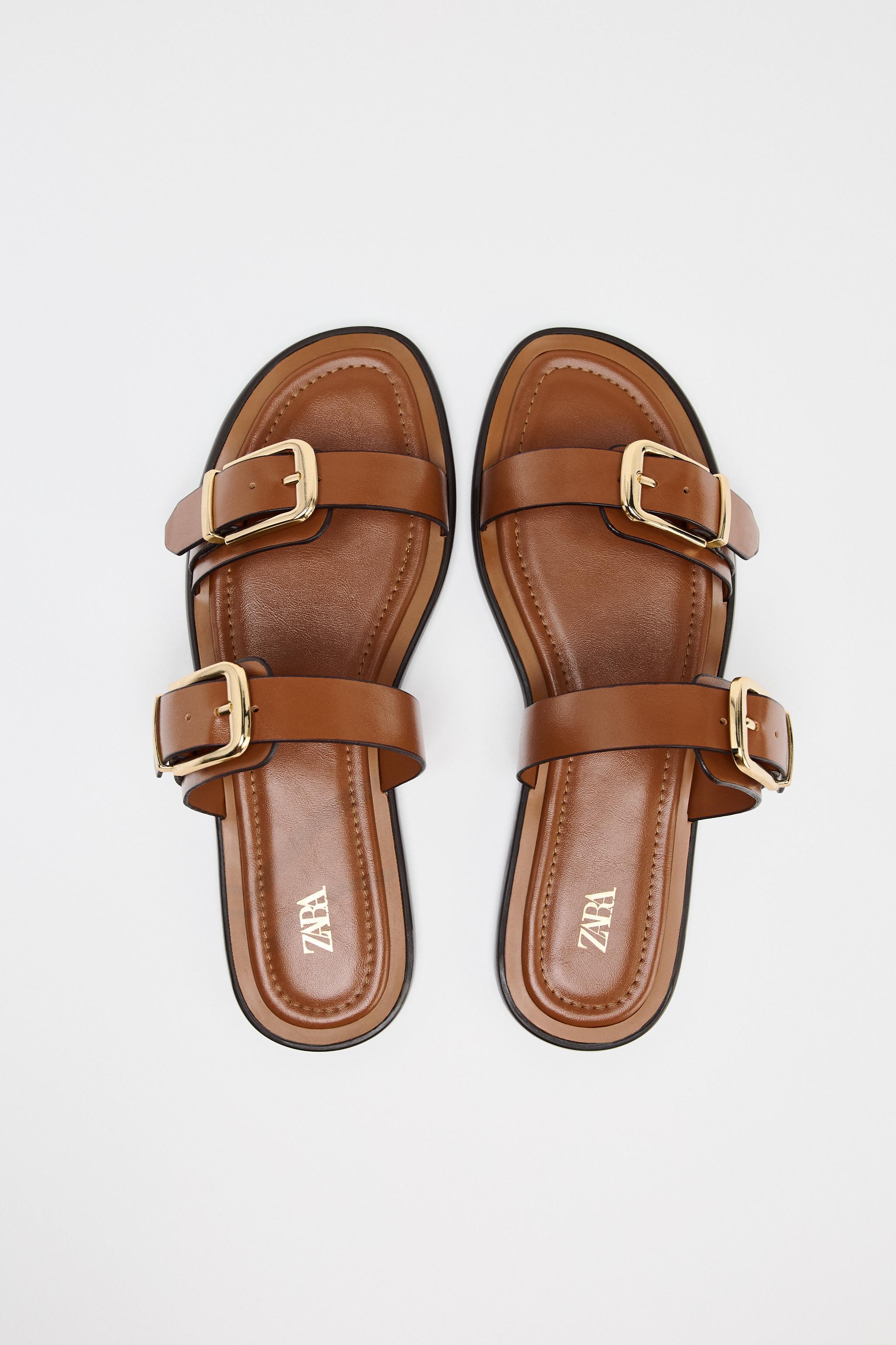 ★ZARA★ DOUBLE-STRAP FLAT SANDALS WITH BUCKLE DOUBLE STRAP BUCKLE FLAT SANDALS - Brown | ZARA United States