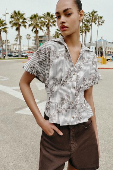 CHEMISE COURTE BRODERIES PAILLETTES - Marron / Écru de Zara