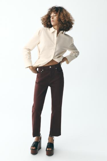JEANS ZW COLLECTION BOOTCUT TIRO ALTO CROPPED - Burgundy de Zara