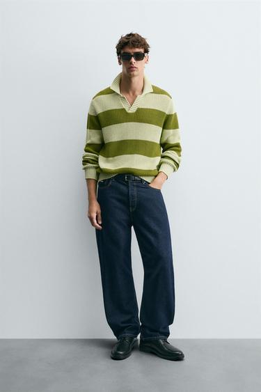 COMBINED STRIPED KNIT POLO SHIRT - Green stripe by Zara - Image 0