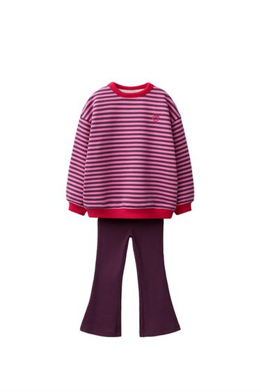 طقم سويت شيرت مخطط ولجينغ بقصة واسعة - وردي فيجوريه الخاص بـ Zara