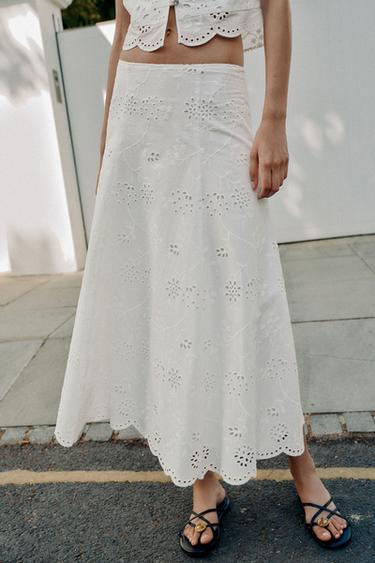 CUTWORK EMBROIDERY MIDI SKIRT - White by Zara