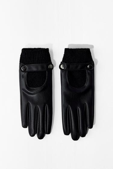 LEATHER EFFECT KNIT GLOVES - Black by Zara