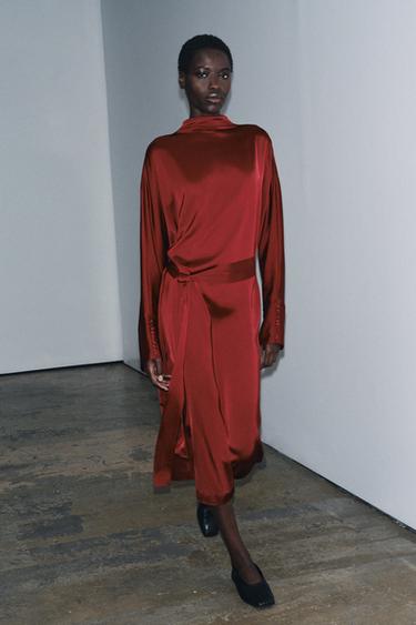 ZW COLLECTION SATIN DRESS WITH TIE DETAIL - Wine by Zara