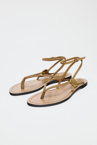 SPLIT SUEDE FLAT SANDALS WITH APPLIQUÉ - SAND/BROWN by Zara - Image 1