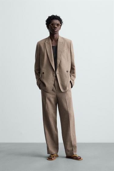 STRIPED TEXTURED SUIT BLAZER - mink brown by Zara - Image 0