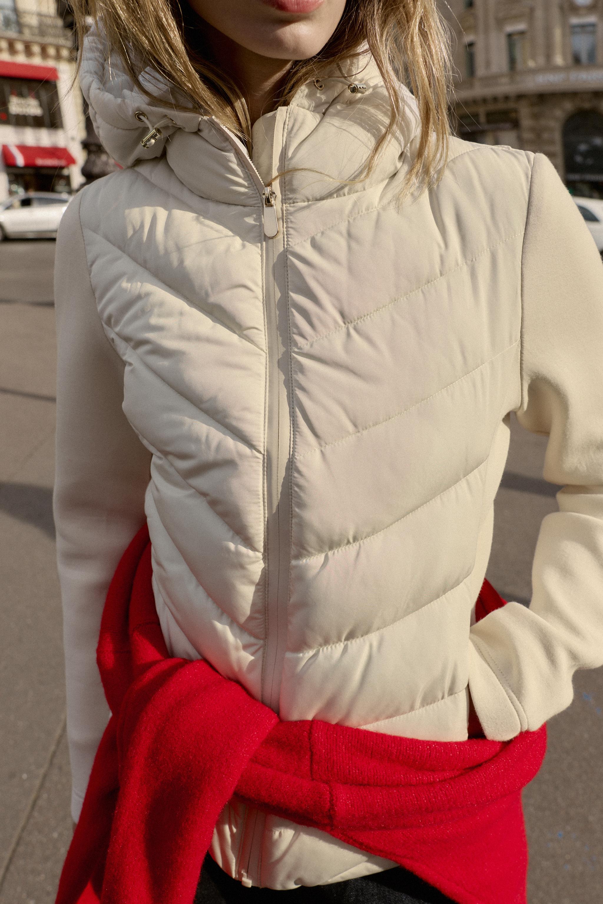 ZARA フード付きダウンジャケット　アブストラクトプリント　Ｌ 大きいサイズ ZARA】防水防風フード付きベルト付きダウンジャケット8073/230