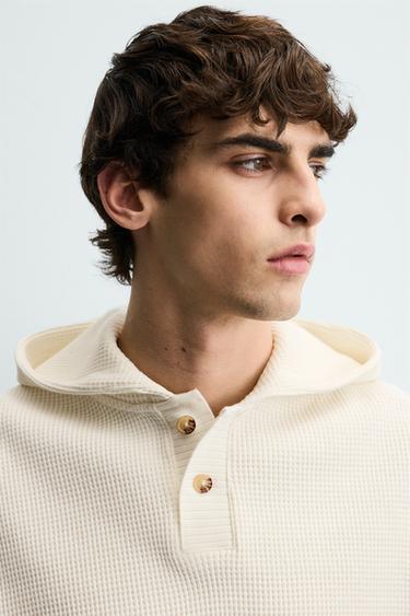WAFFLE-KNIT HOODIE - Light beige by Zara - Image 4