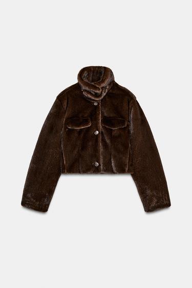 Zara 人造皮草飛行員短版外套 - 深棕黃色