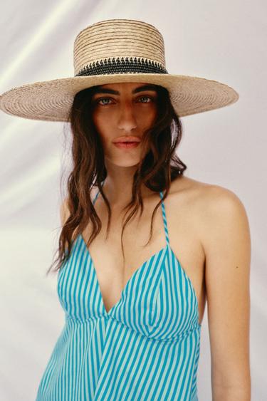 100% STRAW HAT WITH CONTRAST STRAP - Light beige by Zara