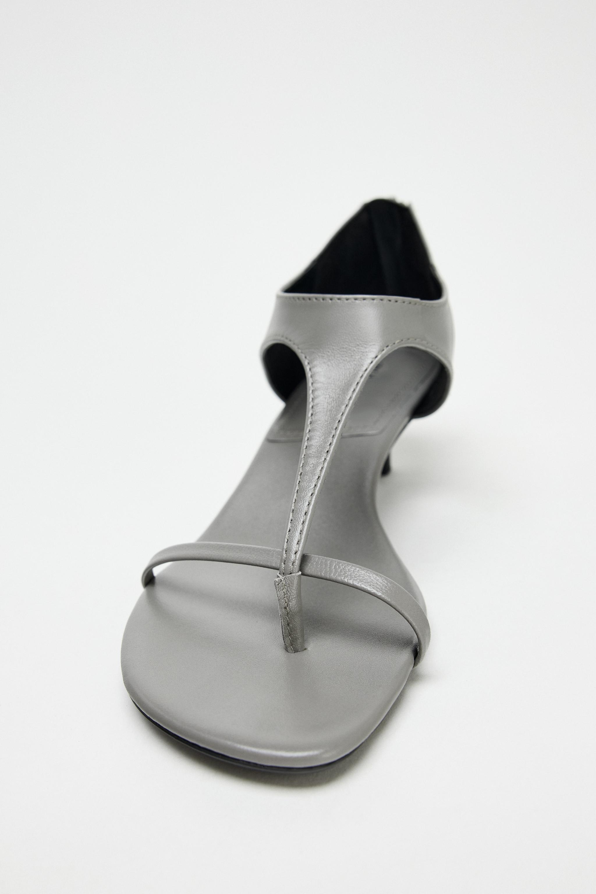 LEATHER KITTEN HEEL SANDALS - Light gray | ZARA United States
