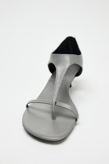 LEATHER KITTEN-HEEL SANDALS - Light grey by Zara - Image 5