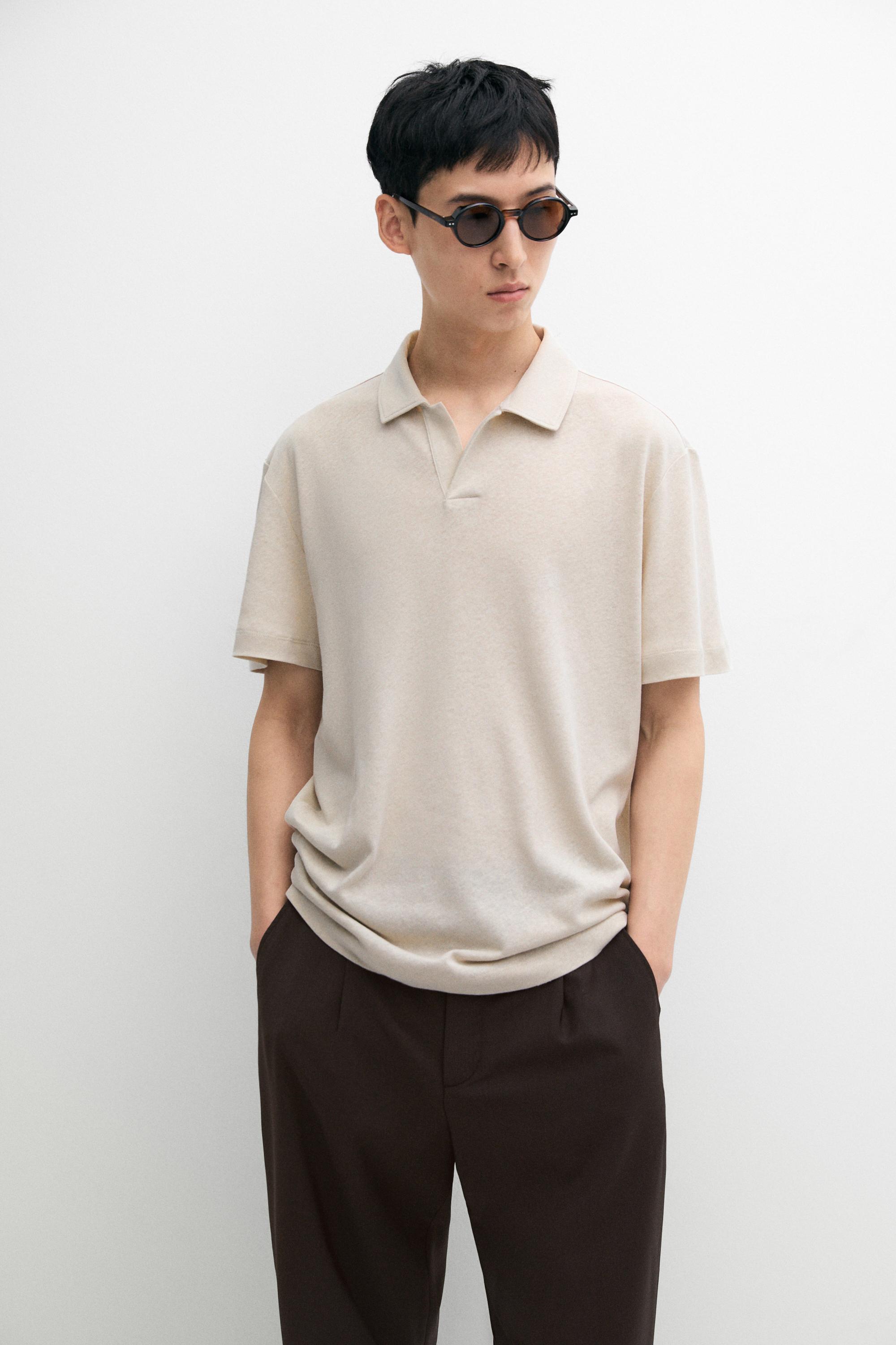 Short sleeve linen cotton polo shirt — Brown
