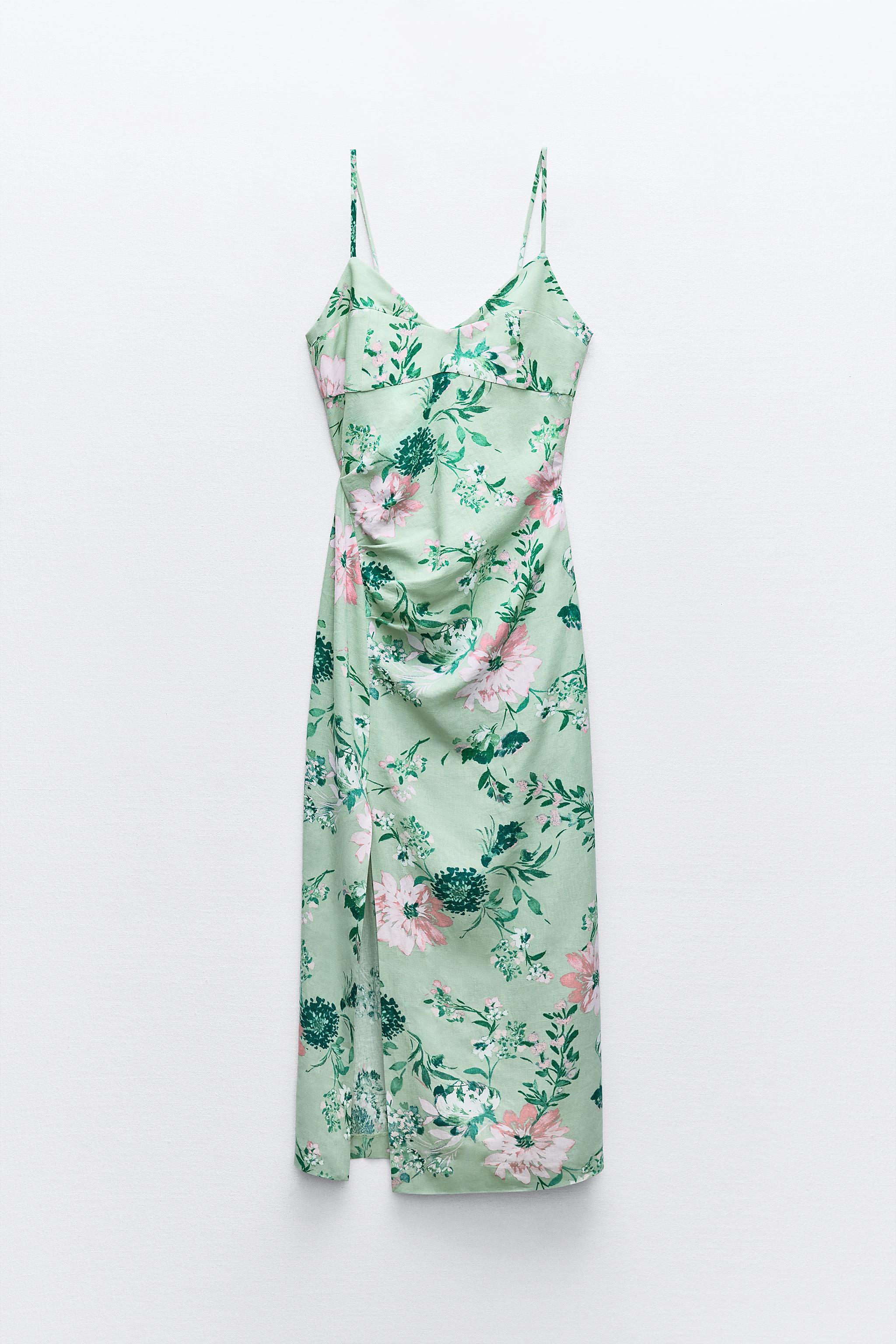 LINEN-BLEND FLORAL PRINT MIDI DRESS - Multicoloured | ZARA United Kingdom