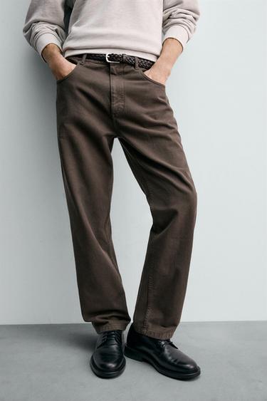 Zara TEXTURED STRAIGHT FIT PANTS - Brown