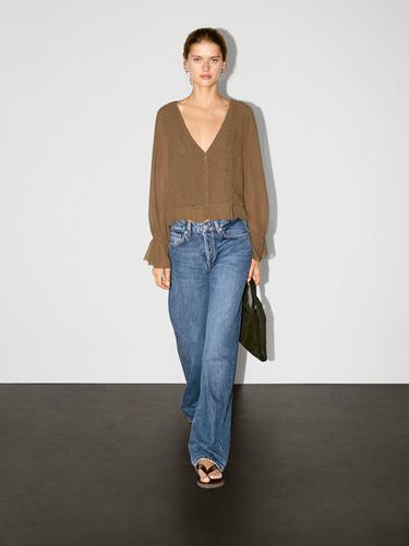 Zara Textured shirt with ruffles - Light khaki - Image 0