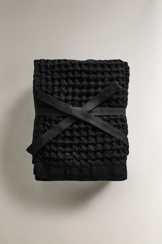 Zara WAFFLE COTTON GUEST TOWEL (PACK OF 3) - Black - Image 0