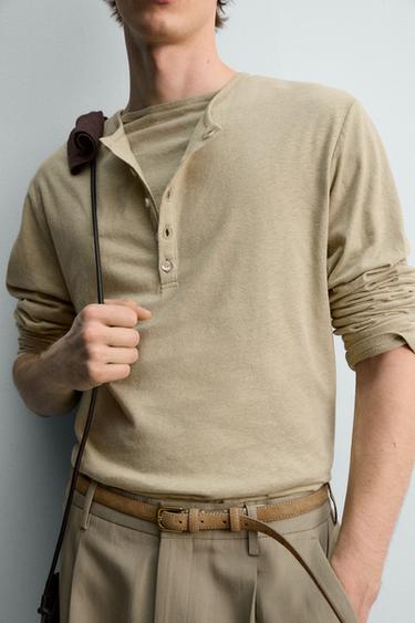 COTTON - LINEN HENLEY T-SHIRT - Dark beige by Zara - Image 4