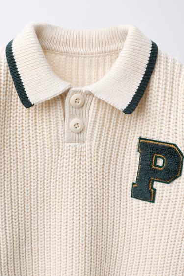 PULL EN MAILLE VARSITY AVEC PIÈCE - Écru de Zara - Image 2