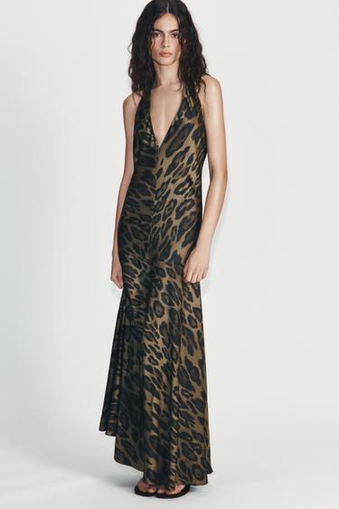 Zara PRINTED HALTER DRESS ZW COLLECTION - Khaki