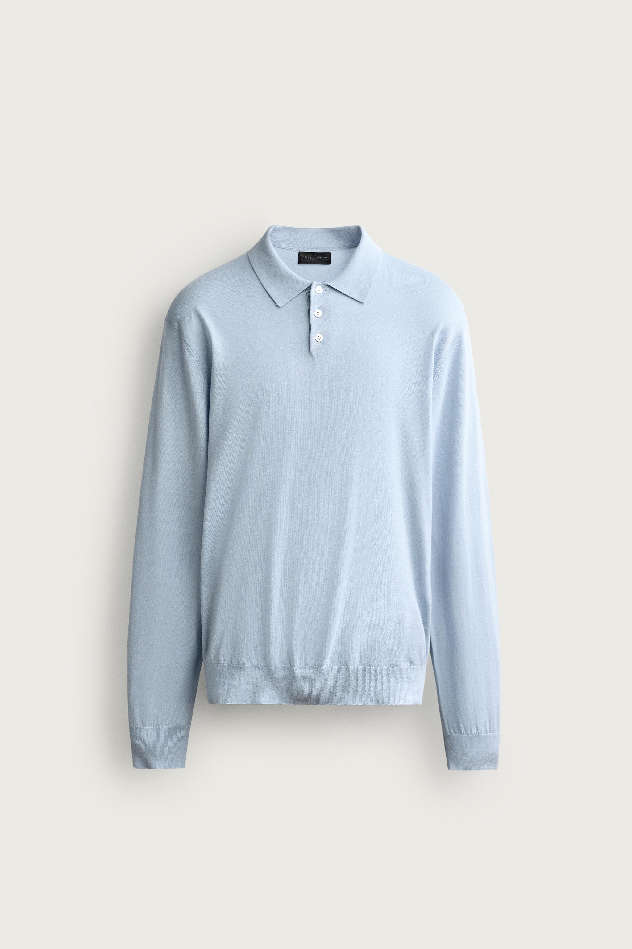 COTTON BLEND LIGHTWEIGHT KNIT POLO — Sky blue