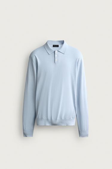 Zara COTTON BLEND LIGHTWEIGHT KNIT POLO - Sky blue