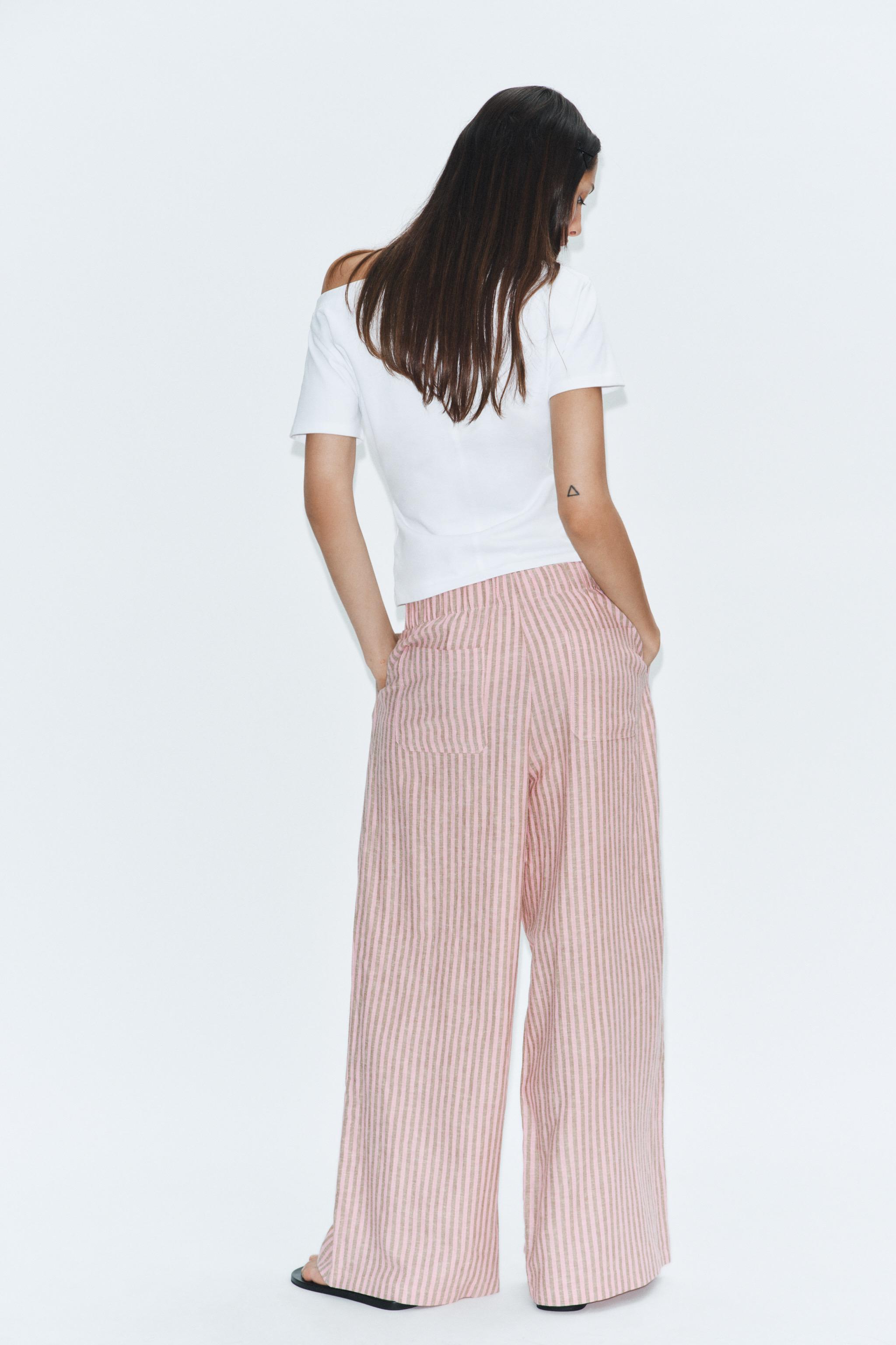 Женские брюки Zara STRIPED DRAWSTRING LINEN PANTS — фото 4