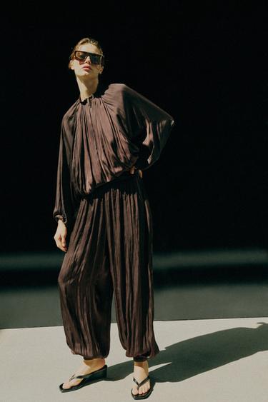 Zara SATIN EFFECT BALLOON PANTS - Brown