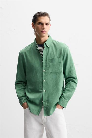 CAMISA LIÑO - ALGODÓN - VERDE de Zara