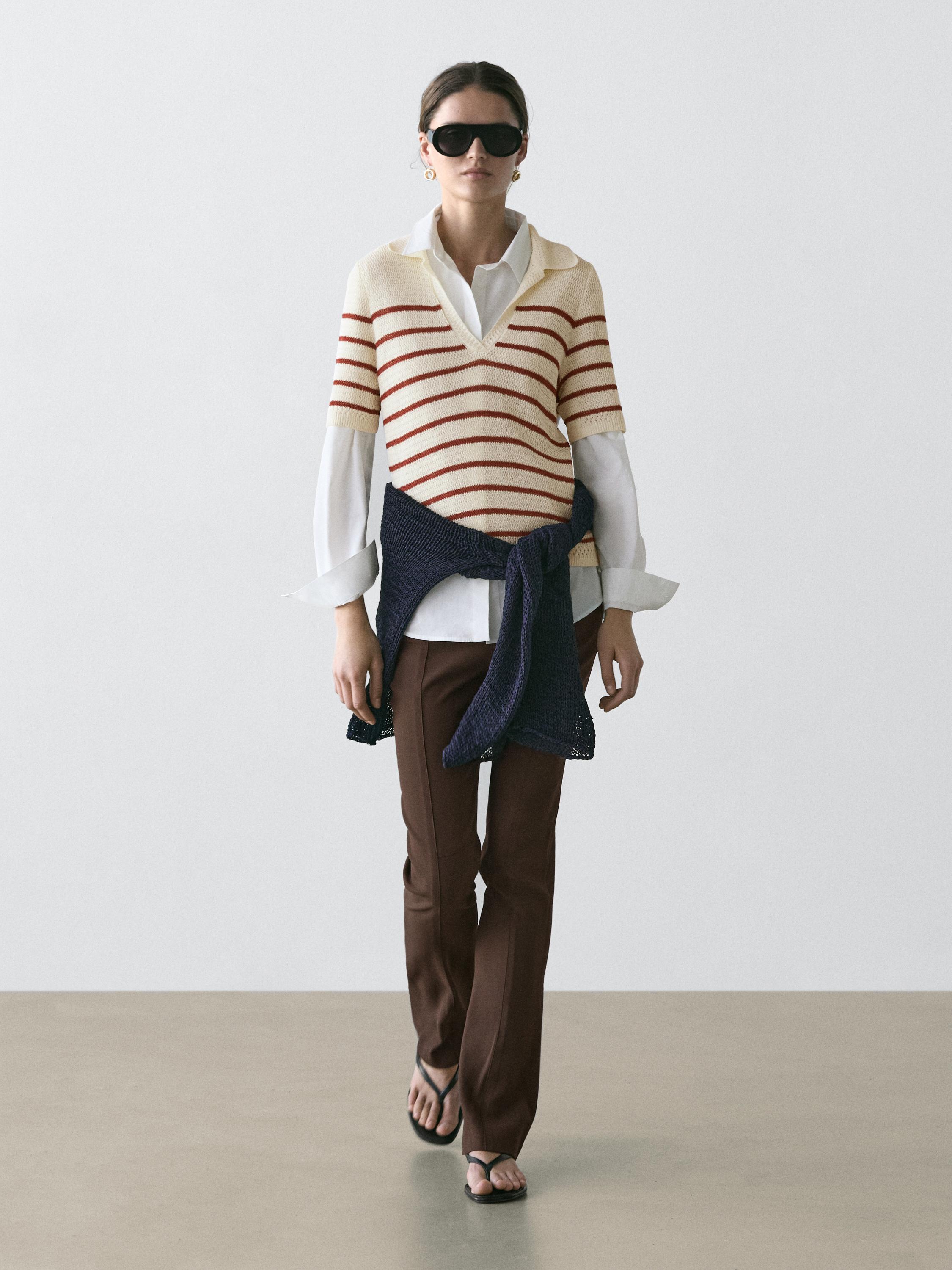 Striped cotton blend knit polo shirt