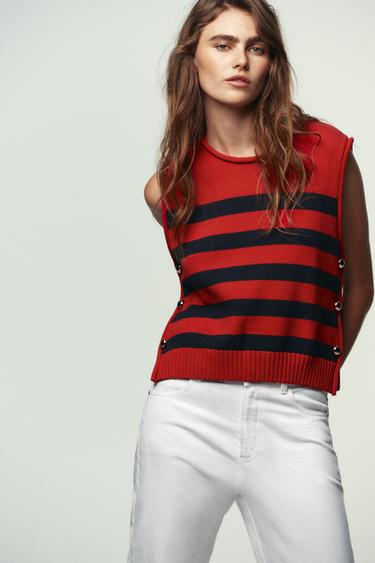 SIDE BUTTON KNIT WAISTCOAT TOP - striped by Zara - Image 0