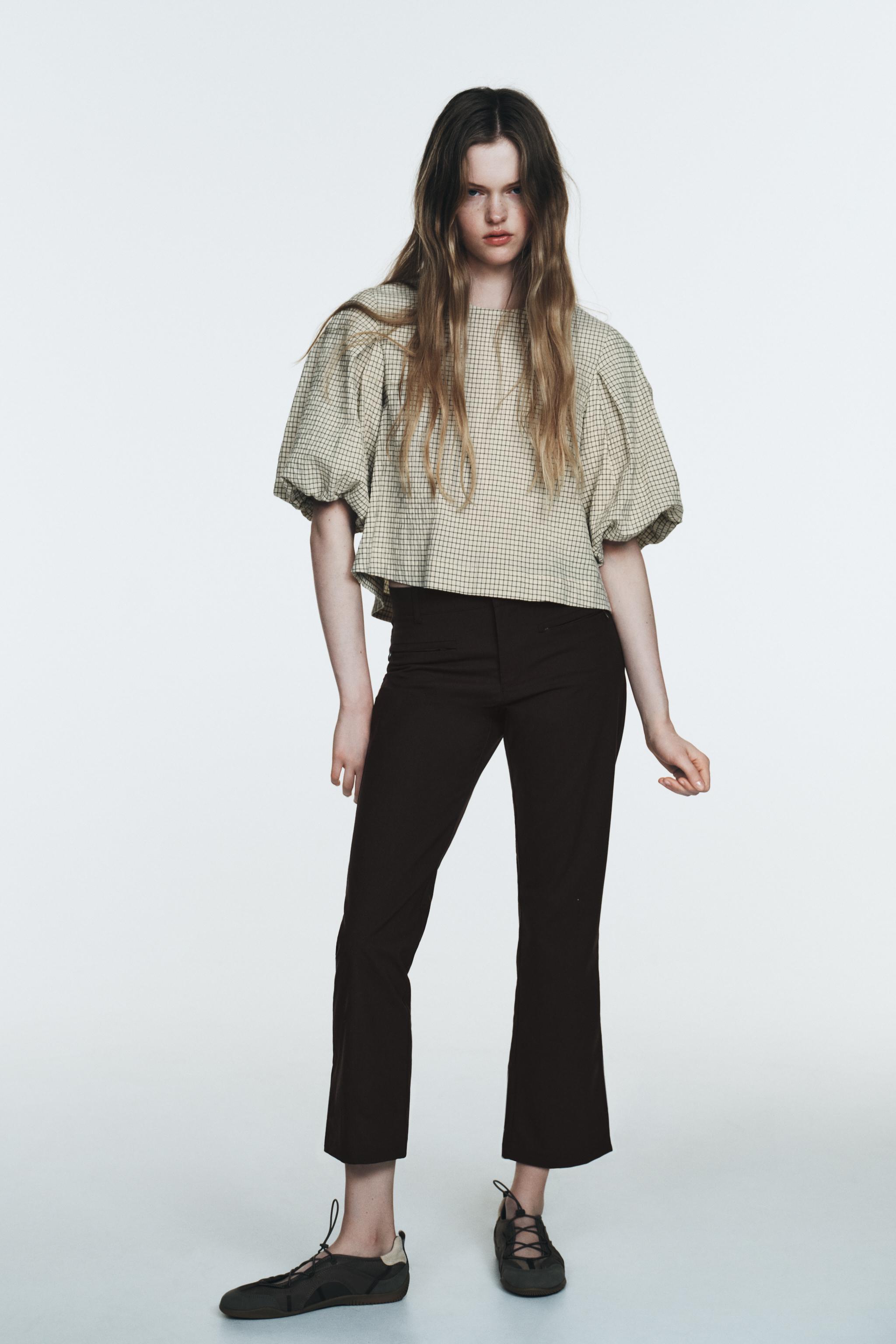 CHECK BALLOON SLEEVE TOP - Sand / Black | ZARA South Africa