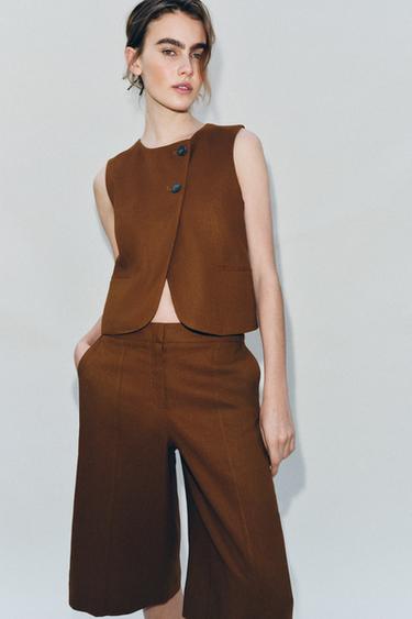 LINEN BLEND WRAP WAISTCOAT - Toffee by Zara