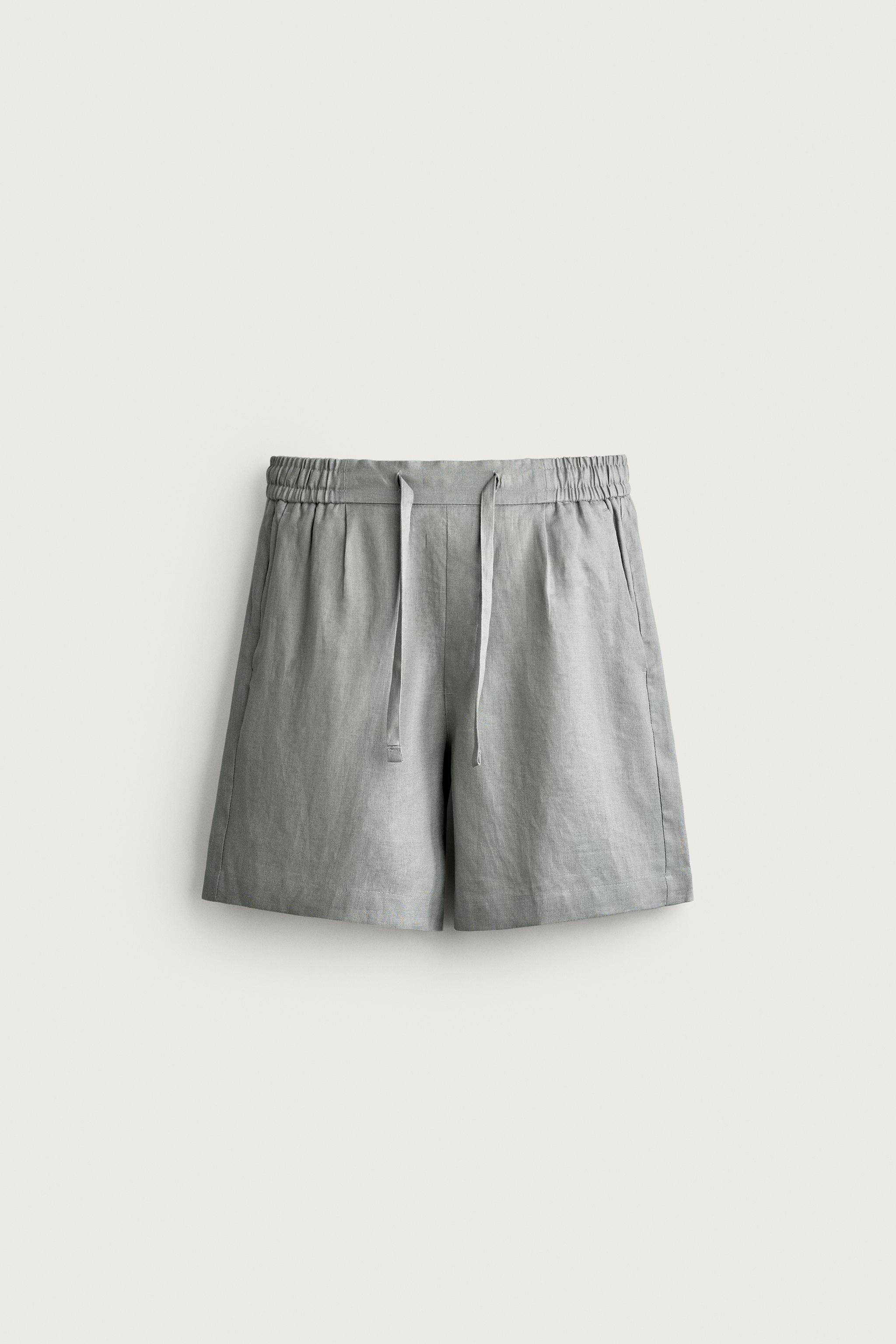100% LINEN RELAXED FIT SHORTS — Light gray