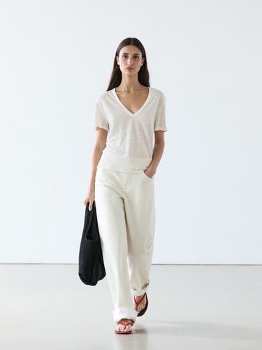 Zara Linen V-neck T-shirt - Oyster-white - Image 0
