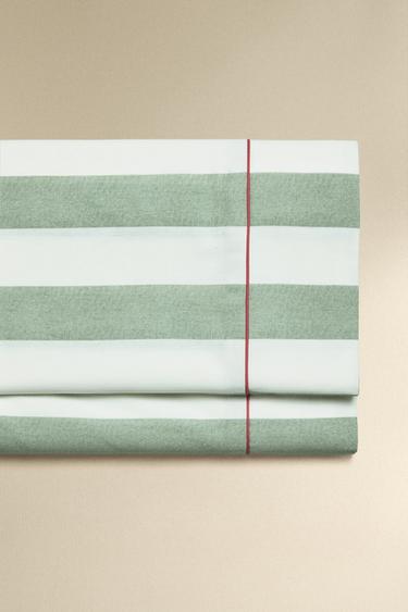Zara STRIPED FADED COTTON FLAT SHEET - Green