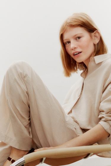 Zara WIDE LEG LINEN BLEND PANTS - Sand