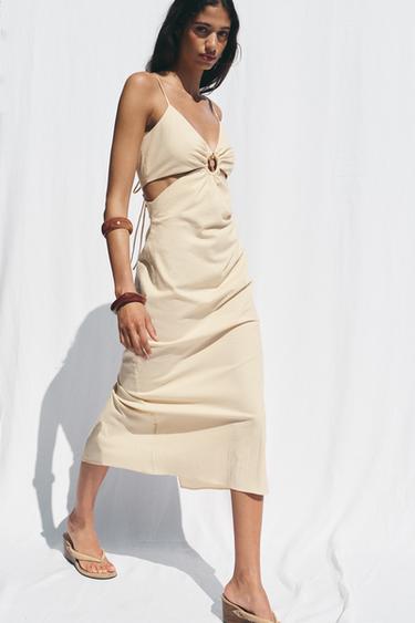 RUSTIEKE MIDI-JURK MET OPENGEWERKTE ACCENTEN - Lichtbeige van Zara