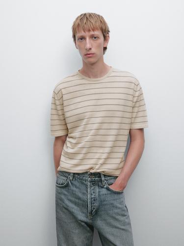 Zara Striped lightweight knit T-shirt - Ecru