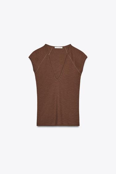 Zara RIB V-NECK T-SHIRT - Chocolate