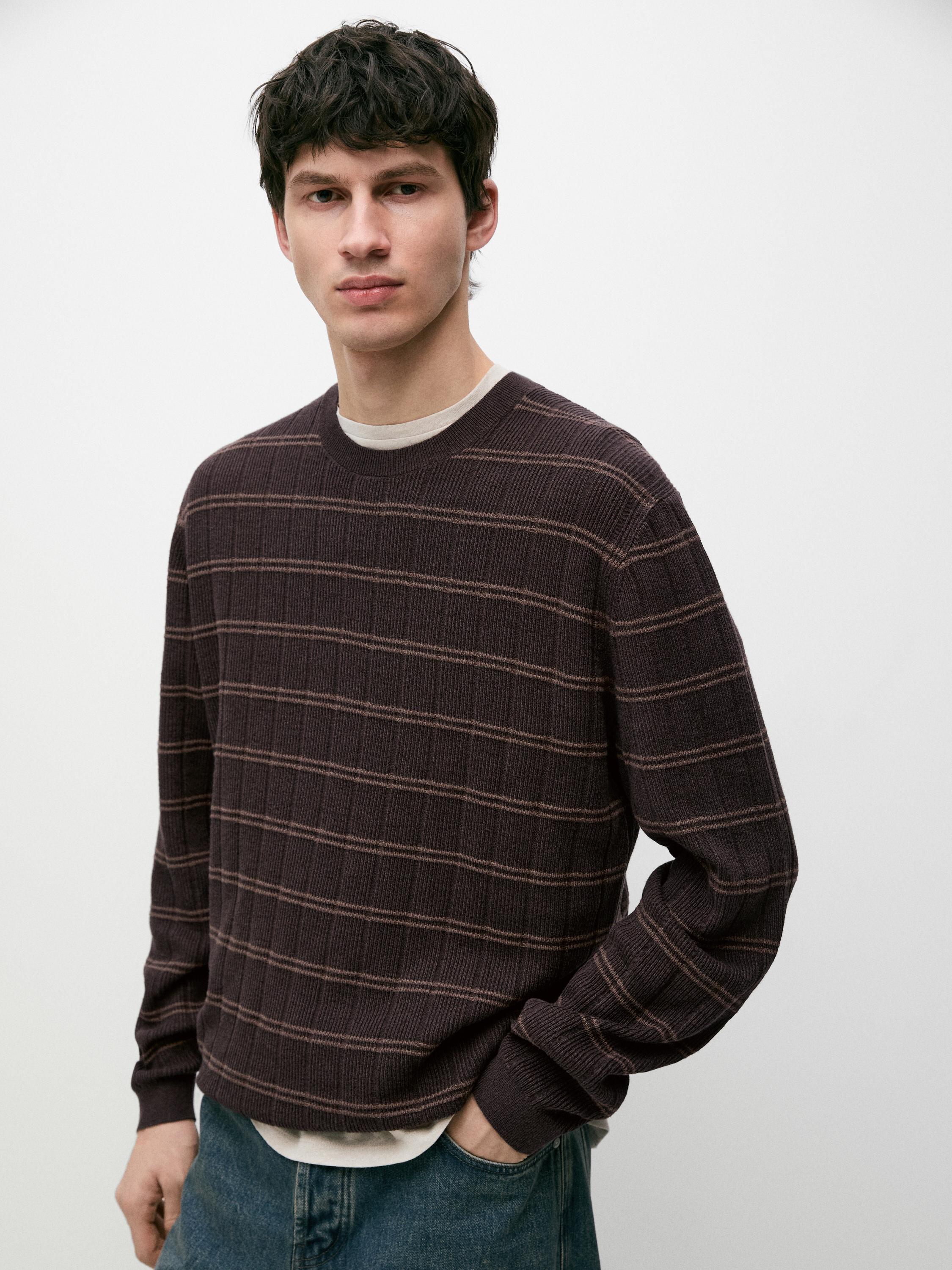 Striped knit crew neck sweater — Mink marl