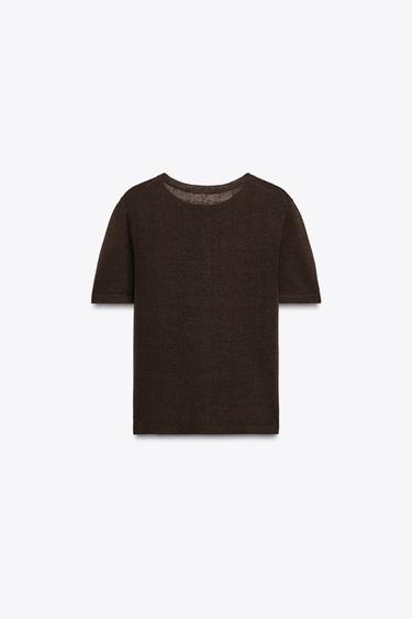 Zara SHORT SLEEVE LINEN KNIT TOP - Dark brown