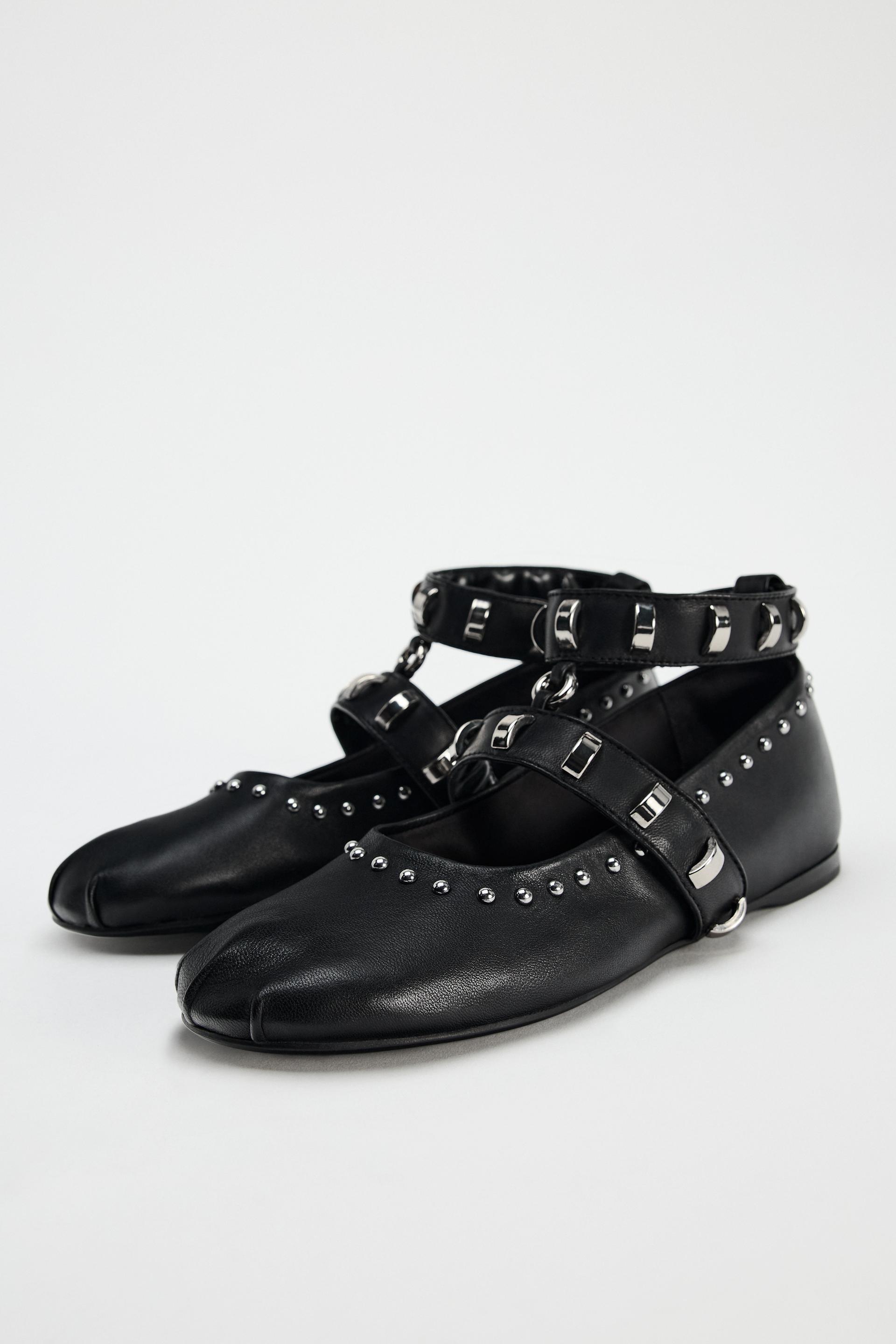 STUDDED LEATHER BALLET FLATS - Black | ZARA United States 