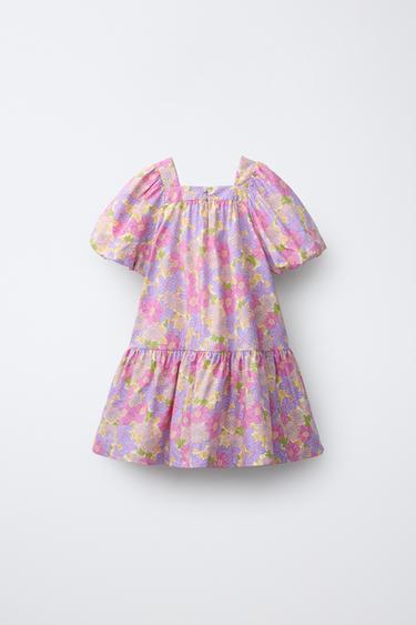 ROBE EN POPELINE À MANCHES BALLON ET FLEURS - Multicolore de Zara - Image 1