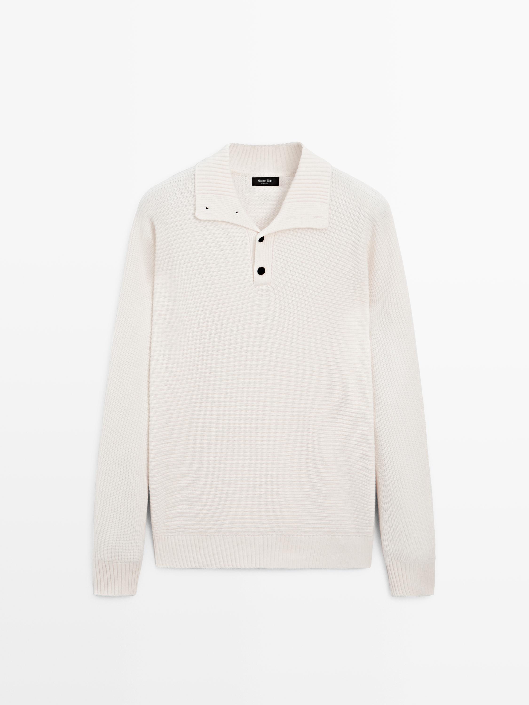 Knit sweater with mock button neck