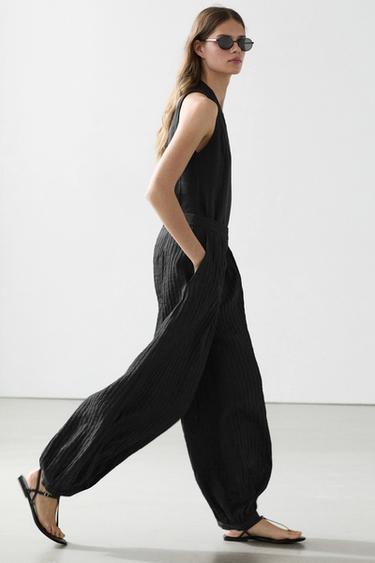Zara Flowing linen blend sarouel trousers - Black