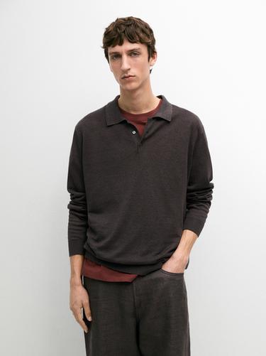 Zara Linen polo collar knit sweater - Dark bottle green