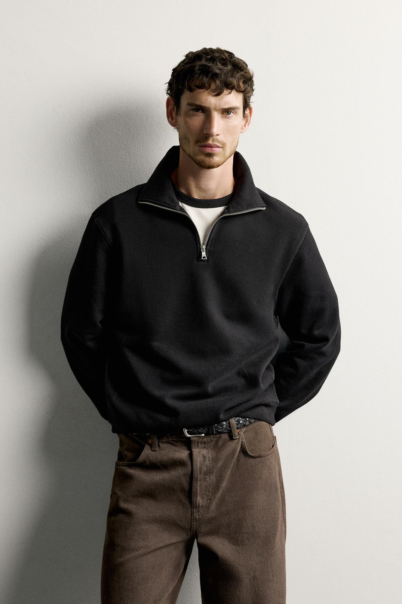 BASIC QUARTER-ZIP SWEATSHIRT — Black