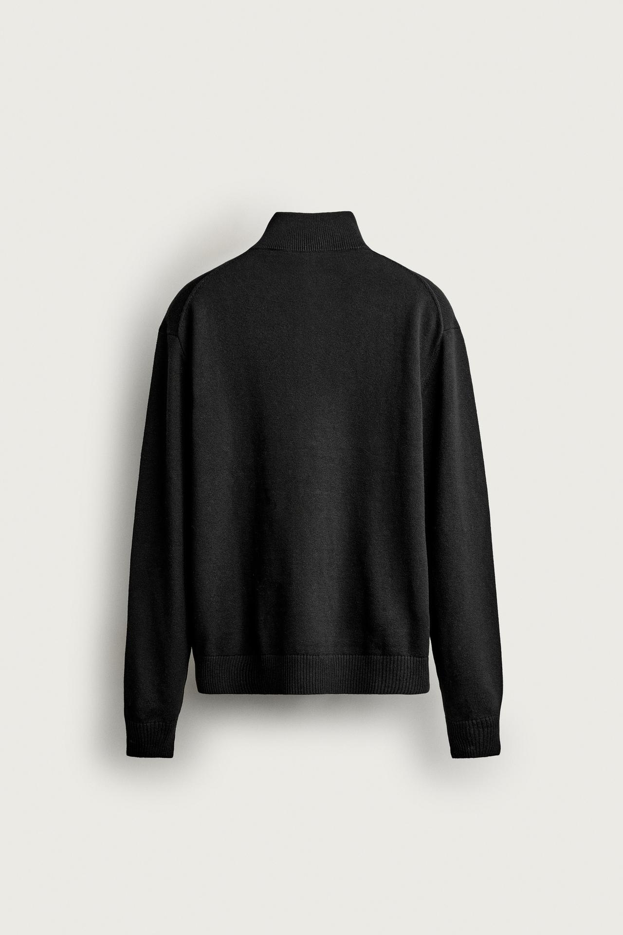 COTTON-WOOL BLEND QUARTER-ZIP SWEATER — Black