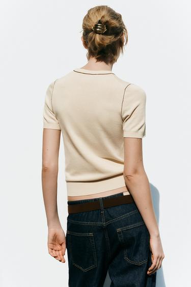 TOP EN MAILLE À MANCHES COURTES AVEC LISERÉS - Écru de Zara - Image 3